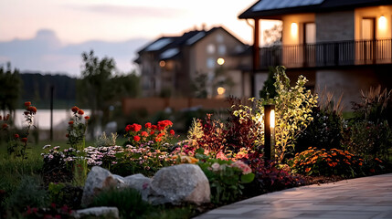 Obraz premium Evening view of a landscaped garden near modern houses