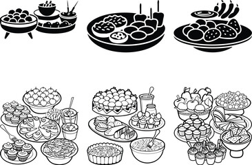 Black and White Vector Illustration of Indian Street Food Snacks: Gol Gappe, Chaat, Dahi Puri, & More for Coloring Pages & Graphic Design © SilhouetteStore