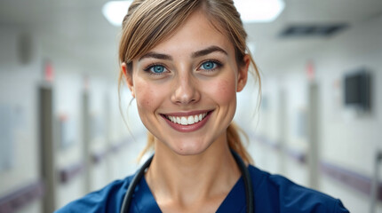 Fototapeta premium portrait of young female nurse smiling with blurry hospital building background