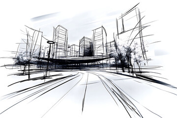 Architectural sketch of a modern city streetscape with high-rise buildings and abstract trees rendered in expressive black and white lines.