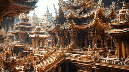 Obraz premium Intricate golden architecture with ornate details a mesmerizing landscape of tiered structures and elaborate carvings.