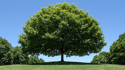 Obraz premium A large full tree stands on a grassy hill under a bright blue sky on a sunny day.