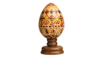 Decorated wooden easter egg standing on a wooden base with transparent background