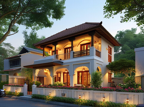 image of a cozy middle-class suburban home in an Indian setting, with traditional architectural elements like sloping roofs and arched balconies.
