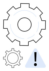 Large and small gears beside an exclamation mark in a triangle suggest operational issues. Ideal for technology, engineering, troubleshooting, error alert, maintenance, risk, workflow. Flat simple