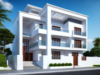 Fototapeta premium modern residential apartment complex with a clean white exterior and glass balconies. Include landscaped greenery, small palm trees, and a well-paved entrance. 