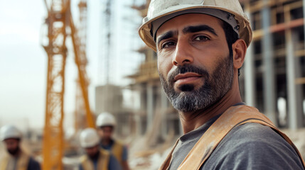 An Arabic man in his thirties stands at a busy construction site, exuding confidence. He wears a hard hat and safety gear, surrounded by fellow workers engaged in construction activities