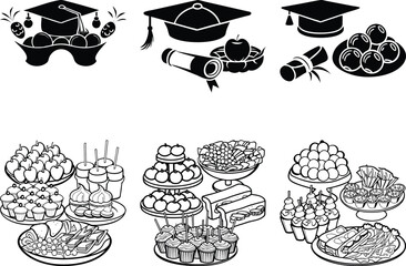 Black and White Graduation Party Food Illustrations: Cakes, Cupcakes, Apples, Diploma, and Graduation Caps Clipart for Design Projects