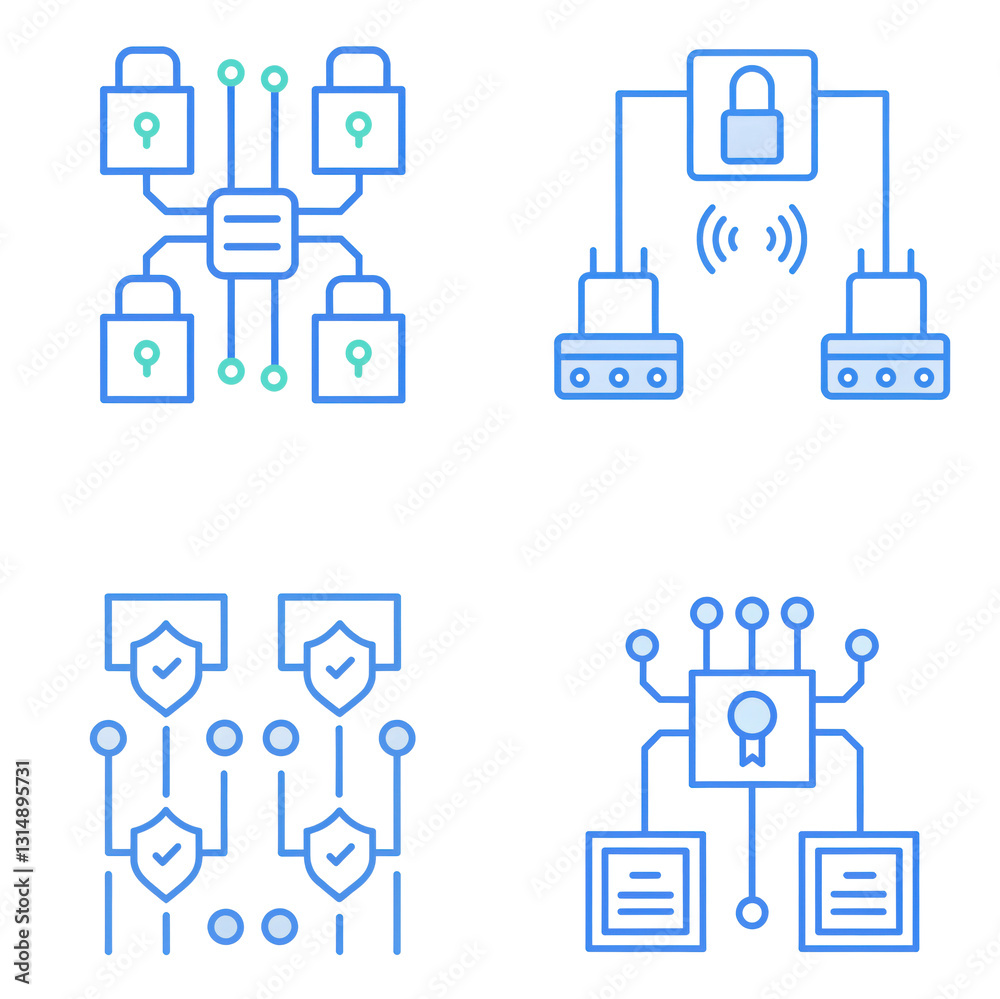 Poster modern cybersecurity icons representing data protection, encryption, and network security in format 