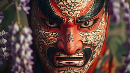 Fototapeta premium Eerie Noh Theater Mask Tattoo Surrounded by Wisteria Flowers