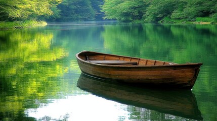 Obraz premium A peaceful wooden boat resting on a mirror-like river, reflecting the surrounding lush greenery.