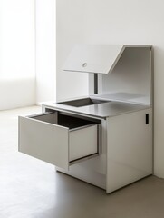 Modern white kitchen cabinet with sink and open drawer design