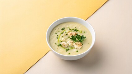 Creamy cauliflower soup, delicately garnished with parsley and roasted cauliflower florets. A comforting and flavorful culinary delight, perfect for a cozy evening.