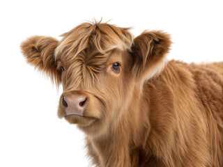 Fototapeta premium Highland cow calf portrait studio setting animal photography cute expression close-up view, isolated on white or transparent background