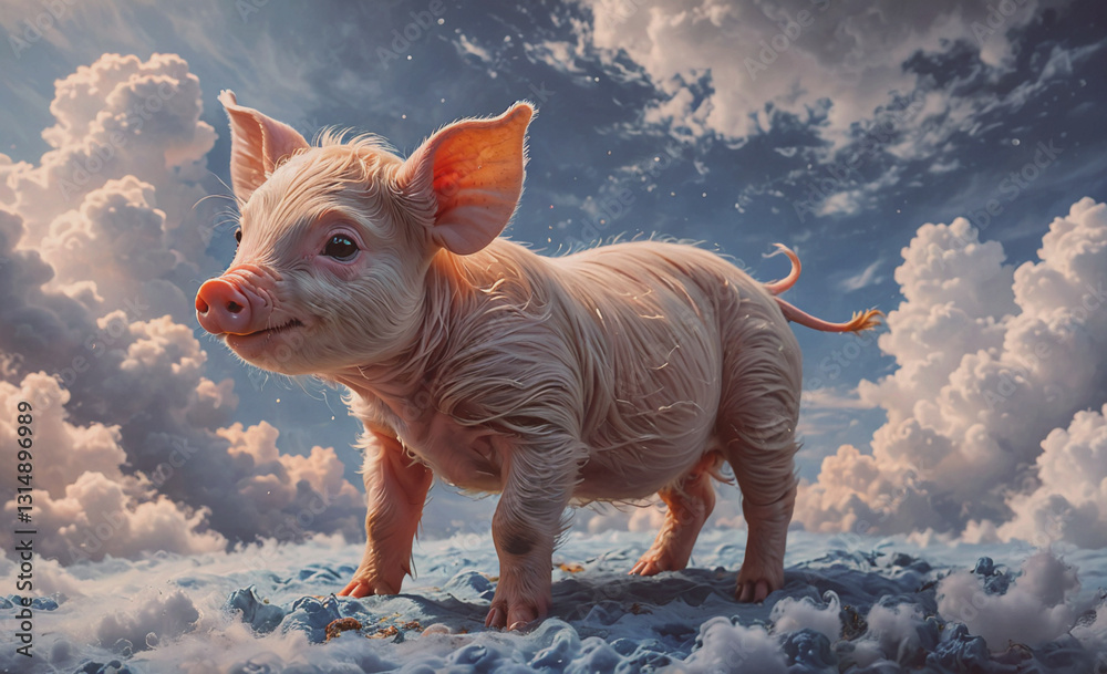 Poster Pig is standing on a cloud with its head up. The sky is cloudy and the pig is looking up