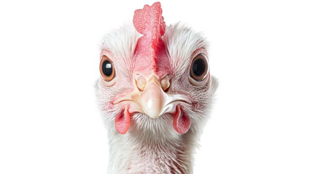 Closeup of a chicken bird's head or face isolated, showcasing a domestic livestock animal with a focused look, perfect for farming or agricultural themes.