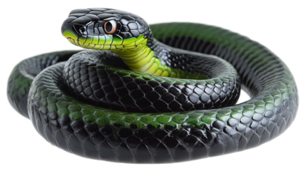 Closeup of a crawling green and black snake isolated, representing a dangerous wild reptile, exotic fauna, and nature wildlife, ideal for animal predator content.