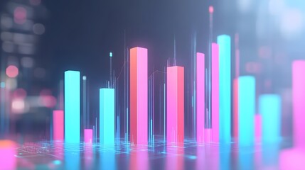 Fototapeta premium Glowing 3D Bar Graph Visualizing Rising Tasks, Project Monitoring and Efficiency
