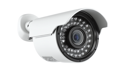 Closeup of a white security camera isolated, symbolizing surveillance and protection equipment, ideal for home security or monitoring system content.
