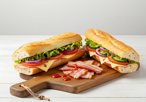 A baket sandwich with fresh vegetables, bacon and ham.