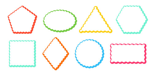 Frames Scalloped Vector Corrugated Shapes Set. Scallop Color Frame Wavy Retro Stickers Collection. Zig Zag Edge Geometric Borders Tag Boxes. Wiggle Line Design Sign Backgrounds. Isolated