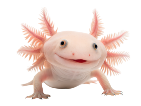 Axolotl with fanned external gills captured under bright lighting aquatic environment, isolated on white or transparent background