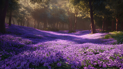 Obraz premium A woodland clearing covered with a sea of violets, their purple flowers creating a stunning visual display.