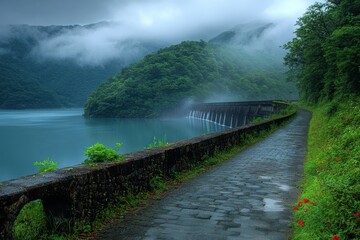 Fototapeta premium Serene Landscape of Misty Dam Surrounded by Lush Green Mountains and Tranquil Water Reflections