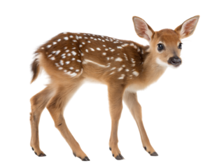 Wobbly-legged newborn fawn in nature animal photography, isolated on white or transparent background