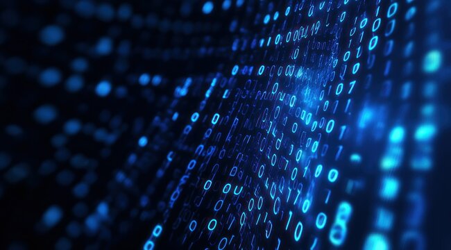 Blue binary code background with blue numbers on dark blue  data and cyber technology concept.