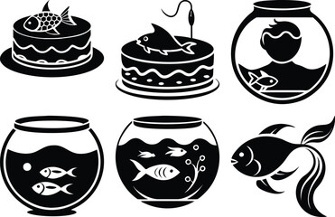 Black and White Fish Illustrations: Fishbowl, Cake Topper, Goldfish Vector Graphics for Design, Clip Art, and Decoration
