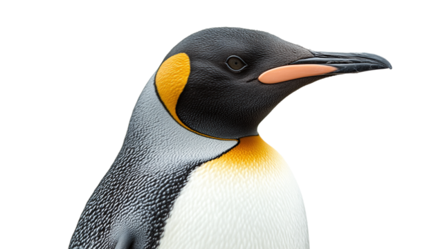 Closeup portrait of a king emperor penguin, featuring its black, transparent, gray, and yellow coloring, isolated to represent the majestic wildlife of Antarctica. - Powered by Adobe