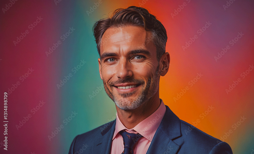 Poster Man in a suit and tie is smiling for the camera. The image has a bright and colorful background, which adds to the overall cheerful mood of the photo