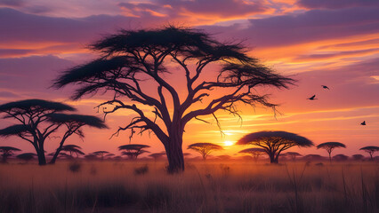 As day draws to a close, Amboseli savanna in Kenya is transformed into a serene and stunning landscape, with golden light of sunset casting a beautiful glow on silhouette of acacia trees