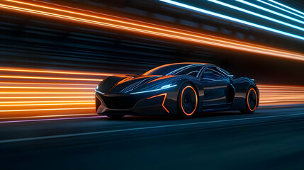 Obraz premium Dark Blue Pixel Art Sports Car Speeding Down a Highway with Orange and Blue Light Trails at Night