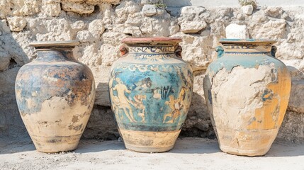Ancient Greek Pottery: Three Majestic Jars at an Archaeological Site