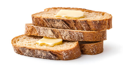 Three Neatly Stacked Slices of Bread with Butter on a White Background