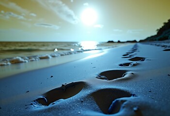 Verdant Beach with footprints in the mud during diffused