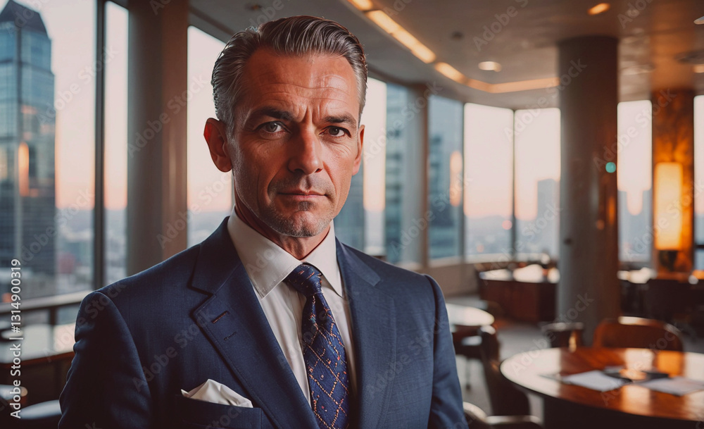 Poster man in a suit and tie stands in front of a window, looking out at the city. he is a businessman, as 