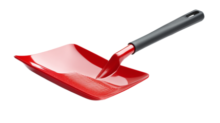 Red dustpan shovel object with handle isolated, representing domestic cleaning tools, ideal for sweeping dirt and dust in household chores.