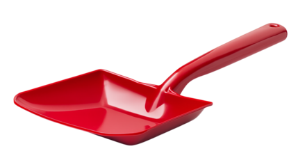 Red dustpan shovel object with handle isolated, representing domestic cleaning tools, ideal for sweeping dirt and dust in household chores.