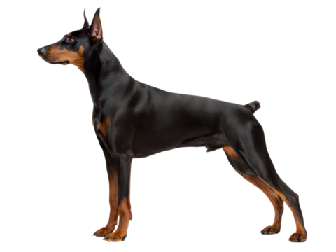 Poised doberman with triangular ears in studio setting captivating canine portrait, isolated on white or transparent background