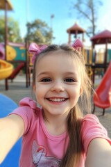 Happy child playing in playground in Spring
