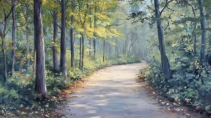 Fototapeta premium A serene forest path meanders through trees, illuminated by soft sunlight.