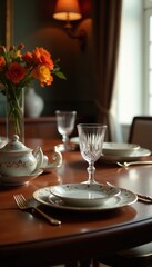 Rich mahogany table, exquisite china, shimmering glassware , stylish, cutlery, glassware