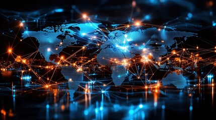 Fototapeta premium Glowing global network map showcasing international technology and data connections representing the interconnected world of digital infrastructure communication and business intelligence