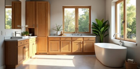 Rich oak cabinets, freestanding tub, natural light, master bathroom, shower, real estate