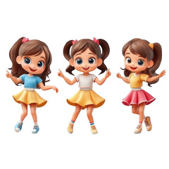 Playful Cartoon Girl Characters Dancing in Colorful Outfits