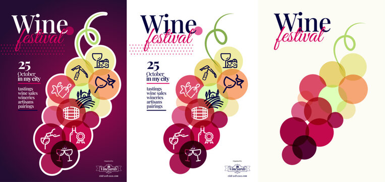Poster template with concept of bunch of grapes and icons of wine world. suitable for wine events. Vector