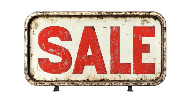 Retro vintage "SALE" sign with red text isolated on transparent background, perfect for real estate, home property promotions, and business marketing materials.